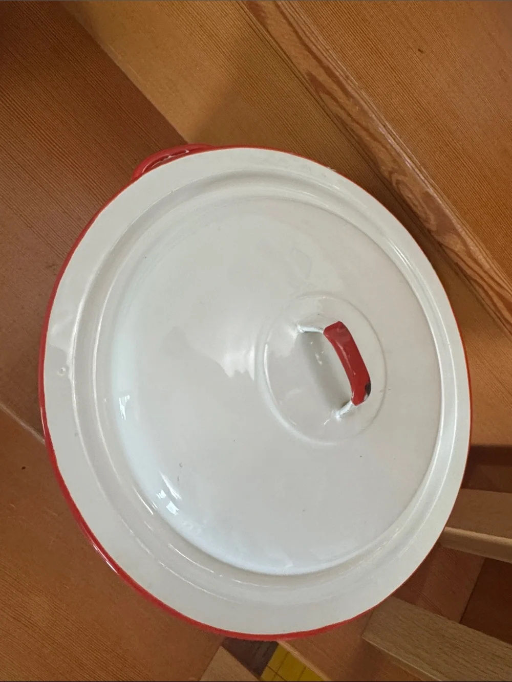 VTG Large White Enamelware Stock Pot & Lid with Red Trim